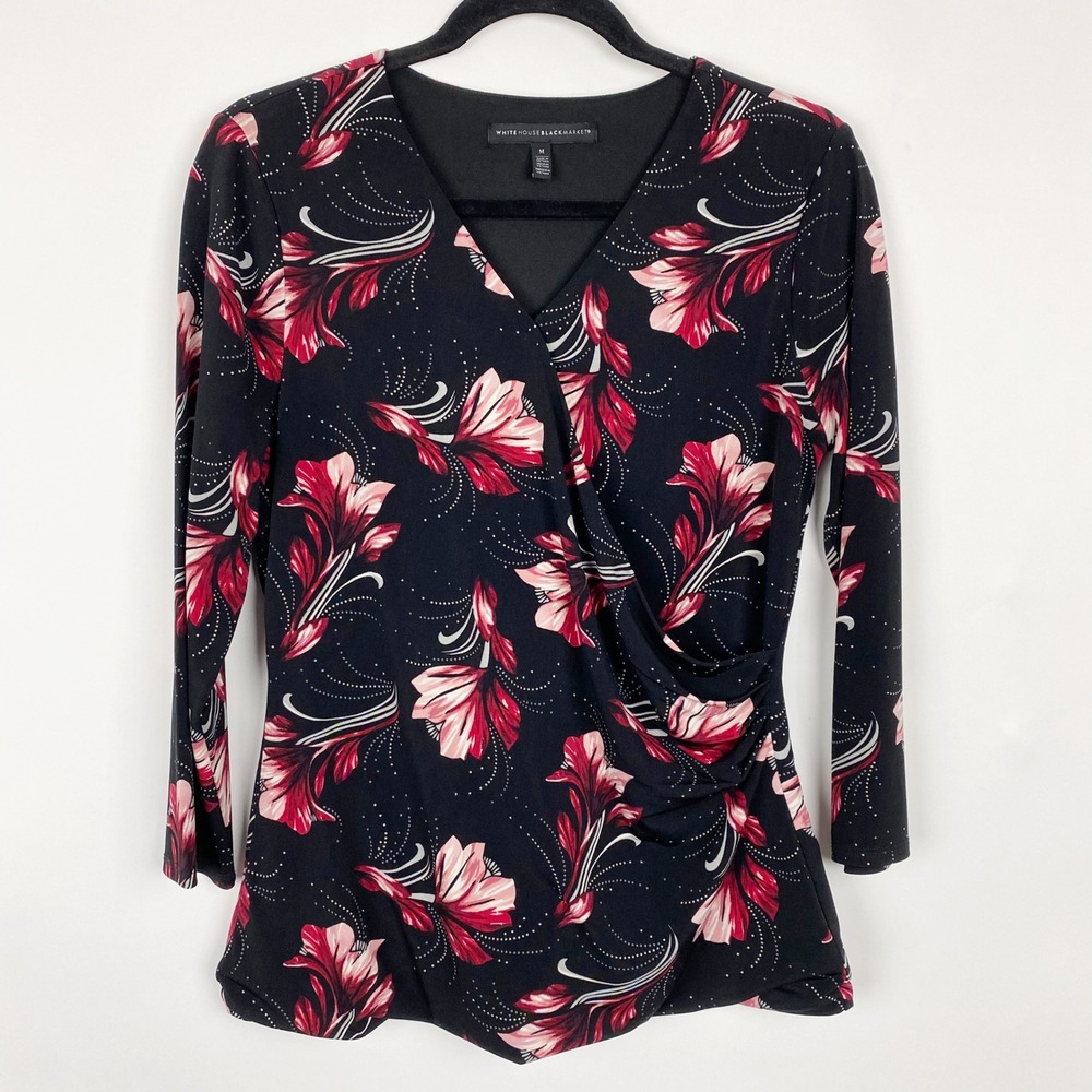 White House Black Market Floral Faux Wrap Ruched Top Blouse Women Size M Black